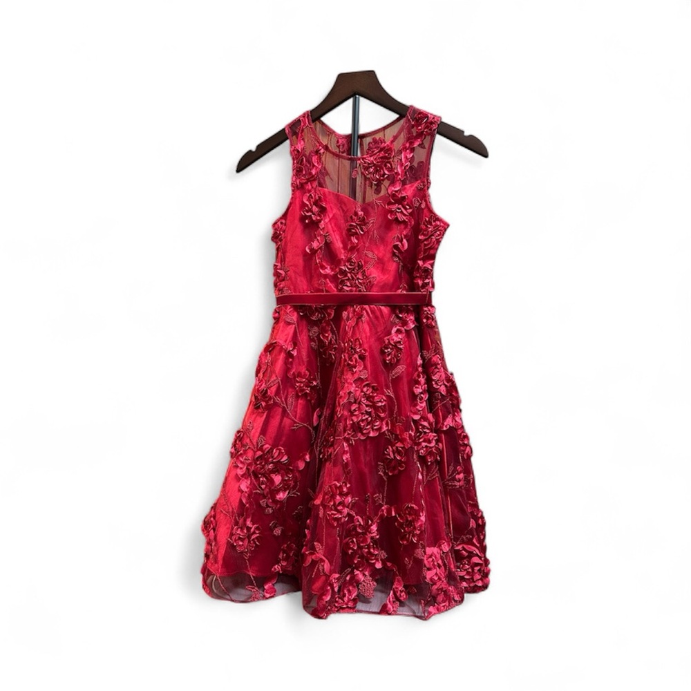 Elegant Rare Editions Tulle High/Low Asymmetrical FloralDark Red Dress for Girls